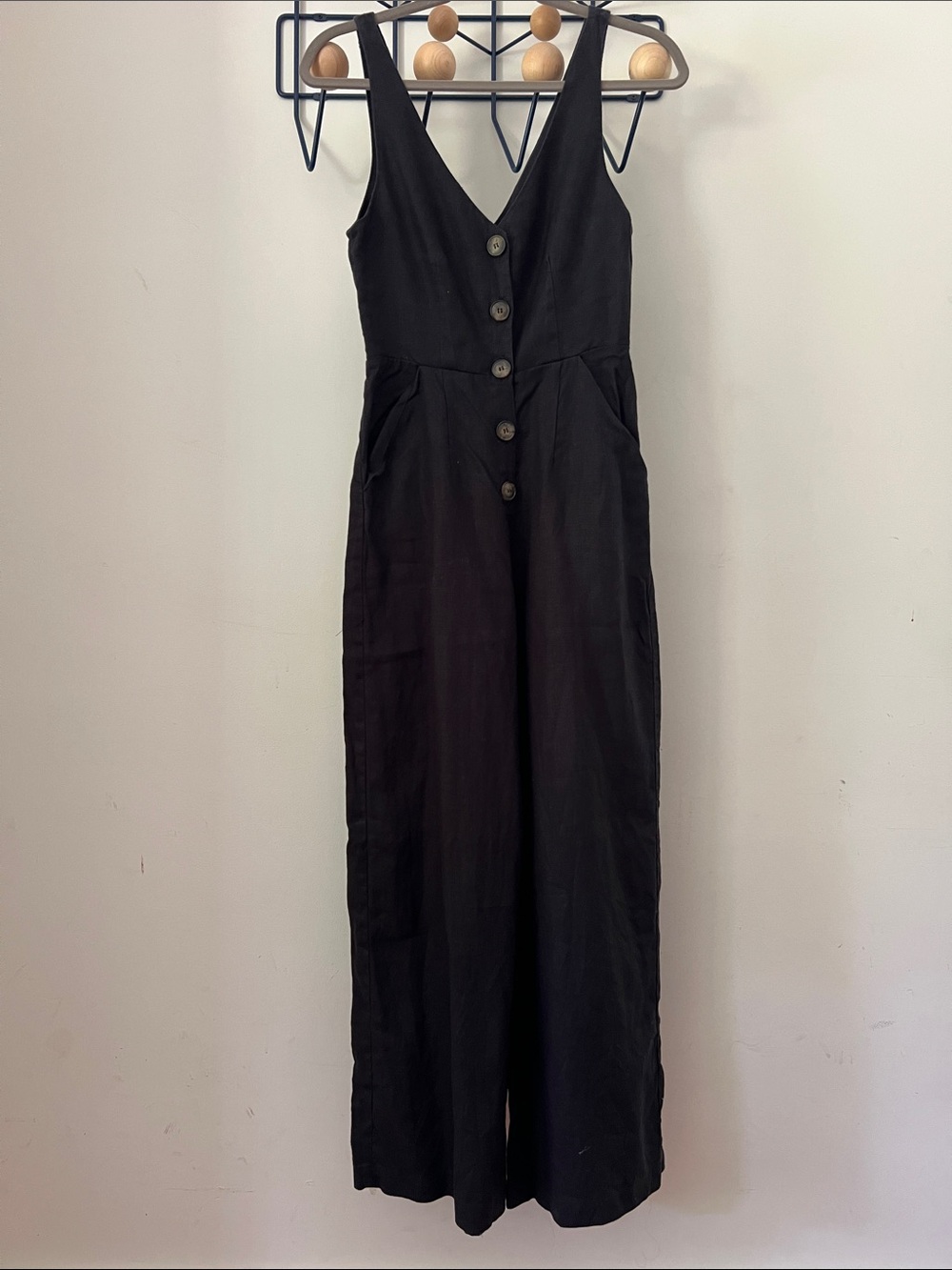 Reformation Black Linen Vera Button-Front jump suit